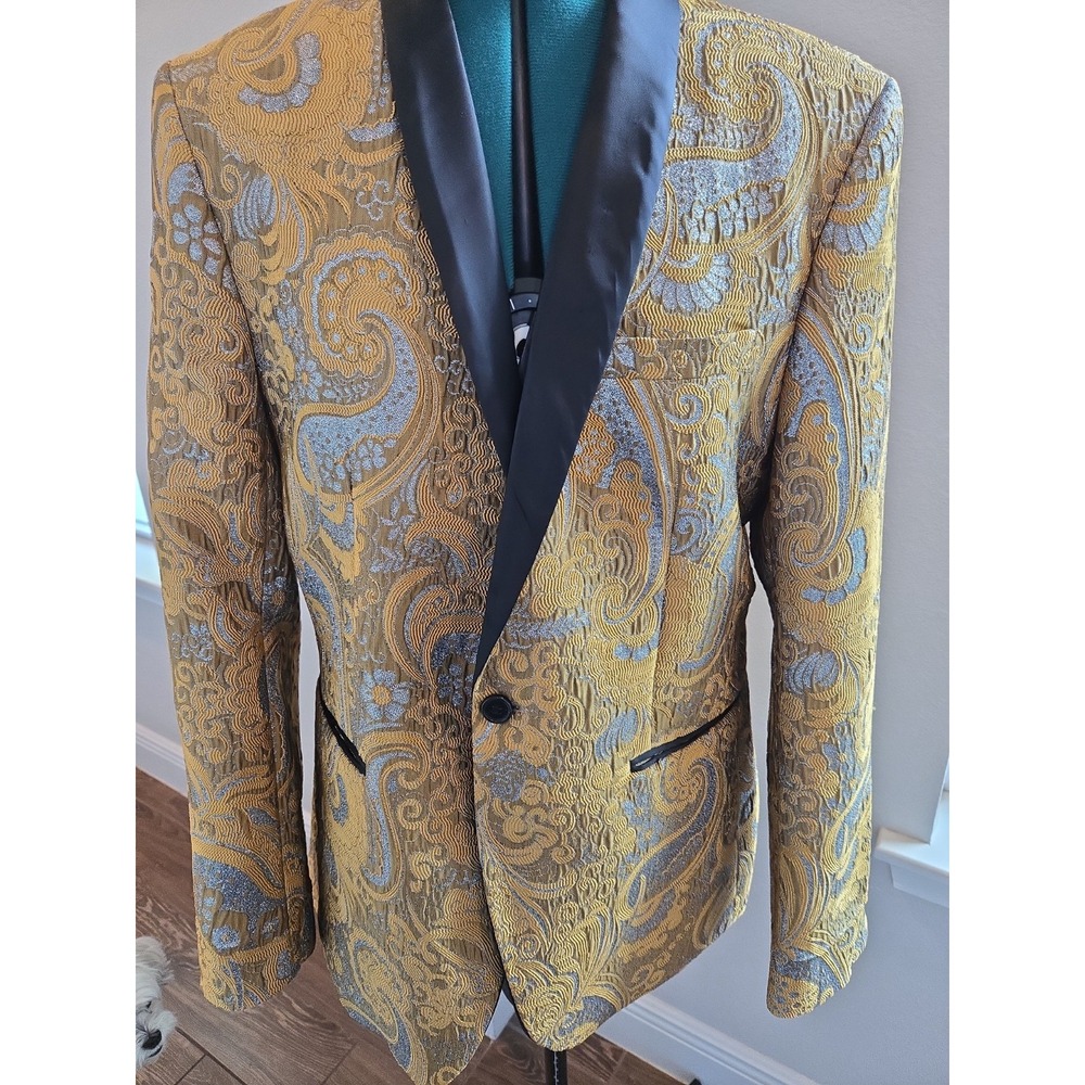 Coofandy Tuxedo Blazer Men Medium Gold Silver Paisley Shawl Collar Party Wedding